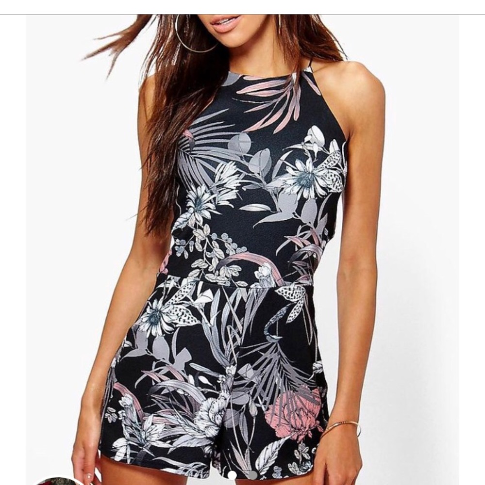 Rose dark floral high neck playsuit